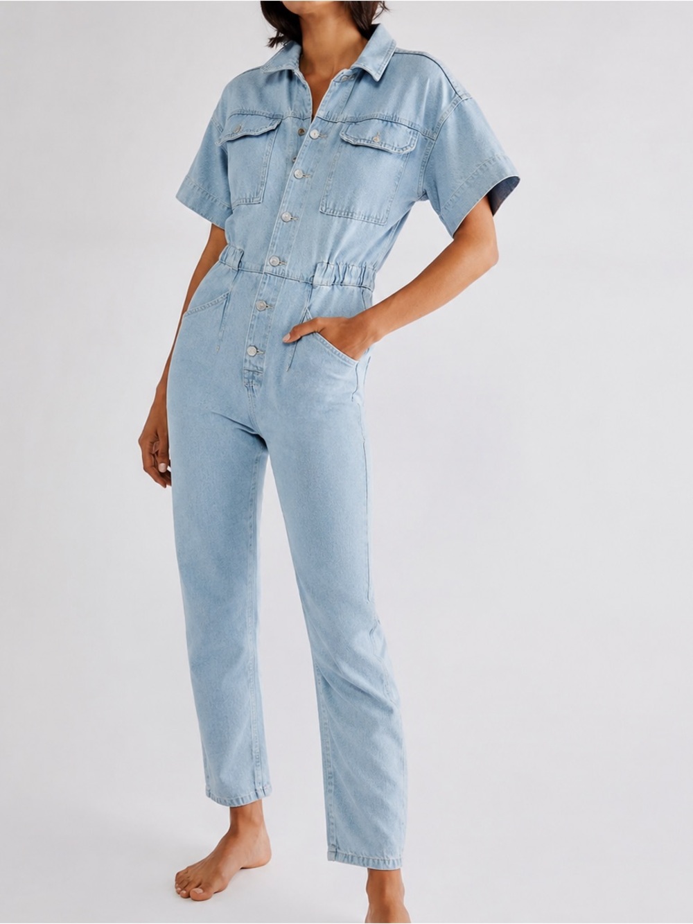 Free People We The Free Marci Denim Jumpsuit Light Wash Utility Coverall Small